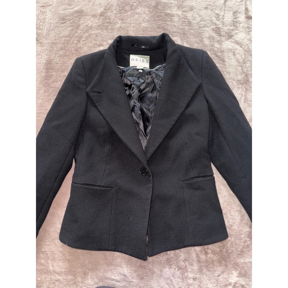 Reiss Women's Blazer‎ Black Micro Check 1 Button Sullivan Wool Blend Size Small - Picture 2 of 9
